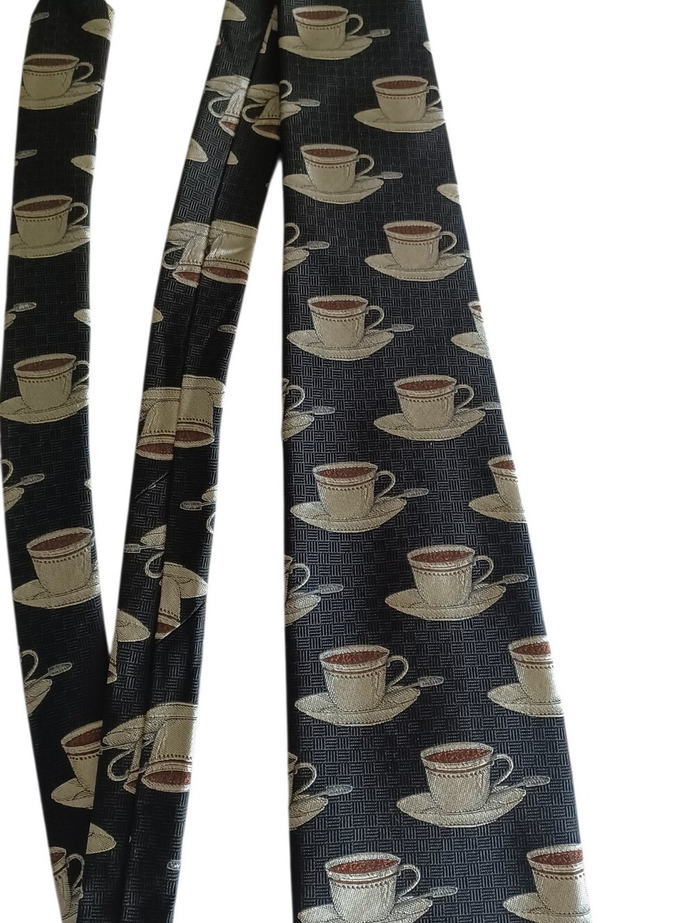 Novelty Coffee Cup, Saucer and Spoon Silk Tie in Black and Cream Best of Class